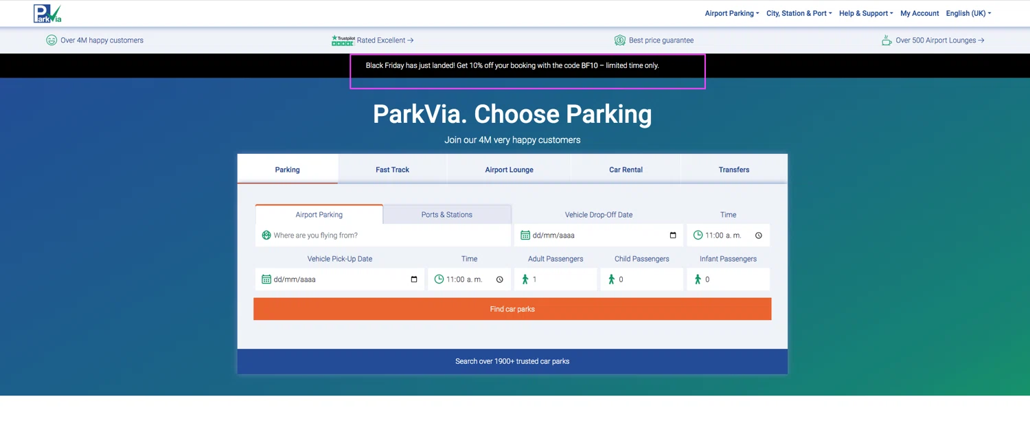 ParkVia UK promo code screenshot showing code BF10 applied at ParkVia UK checkout page. Uploaded by SimplyCodes community member AlejandraSarmiento on Nov 17, 2025