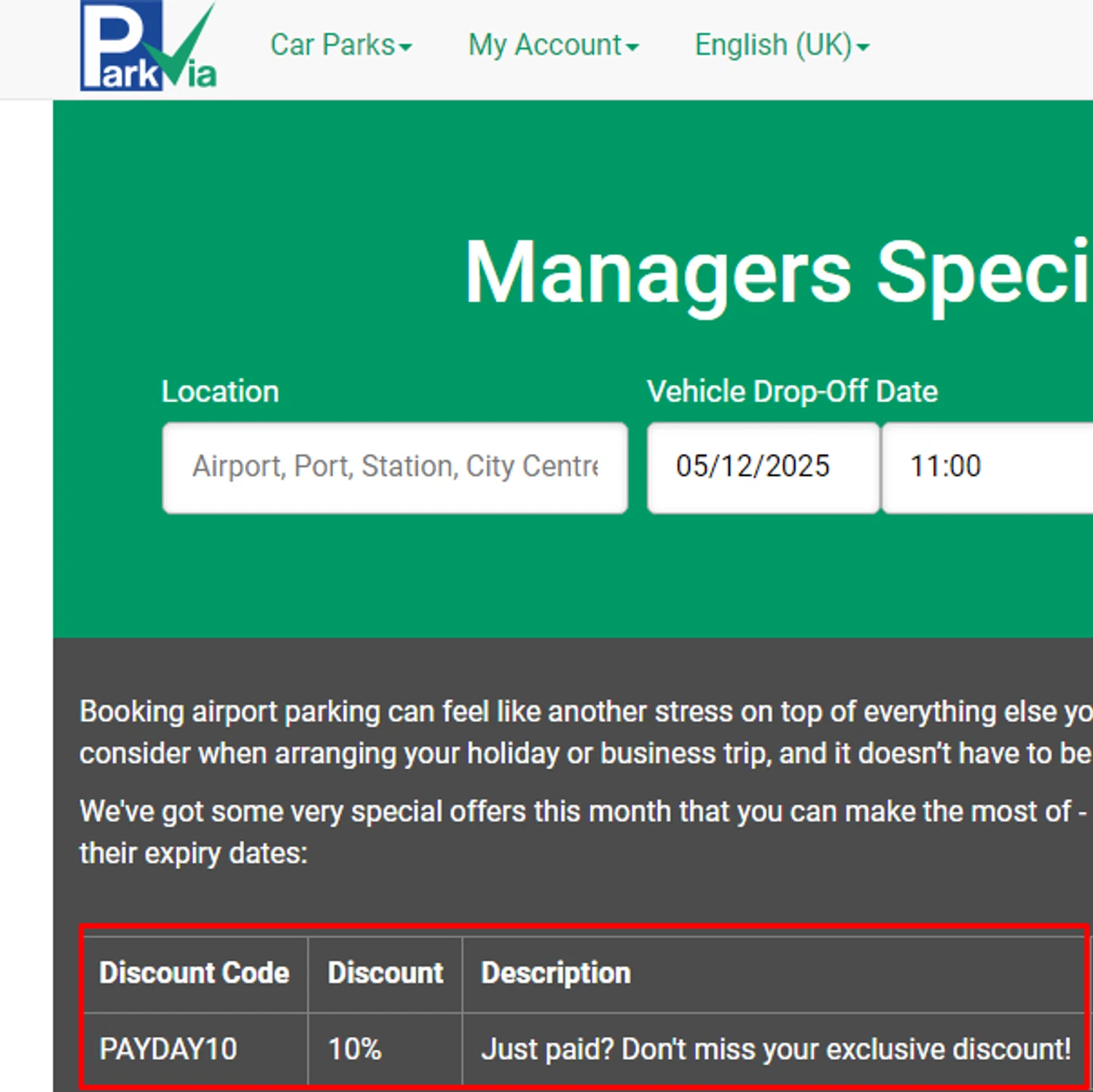 ParkVia UK promo code screenshot showing code PAYDAY10 applied at ParkVia UK checkout page. Uploaded by SimplyCodes community member Alofoke on Dec 4, 2025