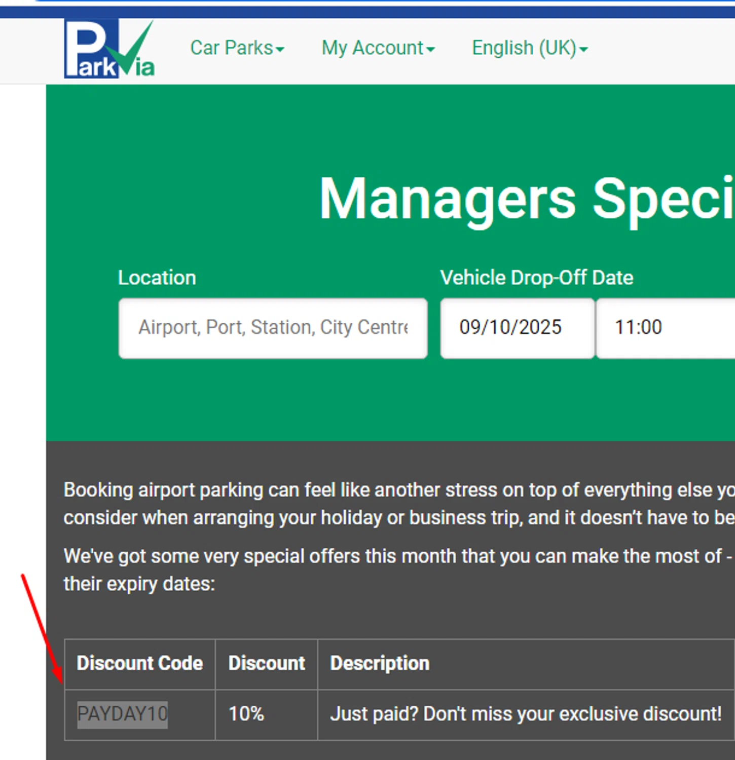 ParkVia UK promo code screenshot showing code PAYDAY10 applied at ParkVia UK checkout page. Uploaded by SimplyCodes community member Alofoke on Oct 8, 2025