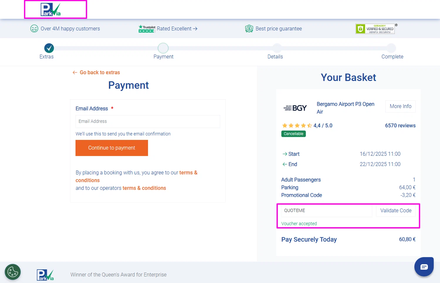 ParkVia UK promo code screenshot showing code QUOTEME applied at ParkVia UK checkout page. Uploaded by SimplyCodes community member mrdarcy on Dec 12, 2025