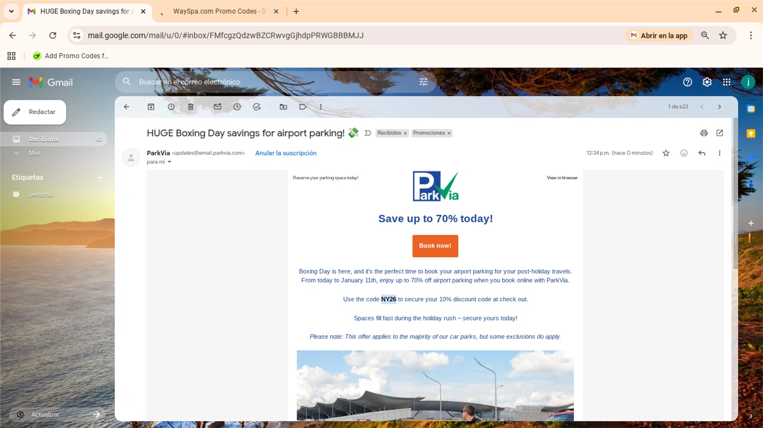 ParkVia UK promo code screenshot showing code parkvia applied at ParkVia UK checkout page. Uploaded by SimplyCodes community member yennifergonzalez on Dec 26, 2025