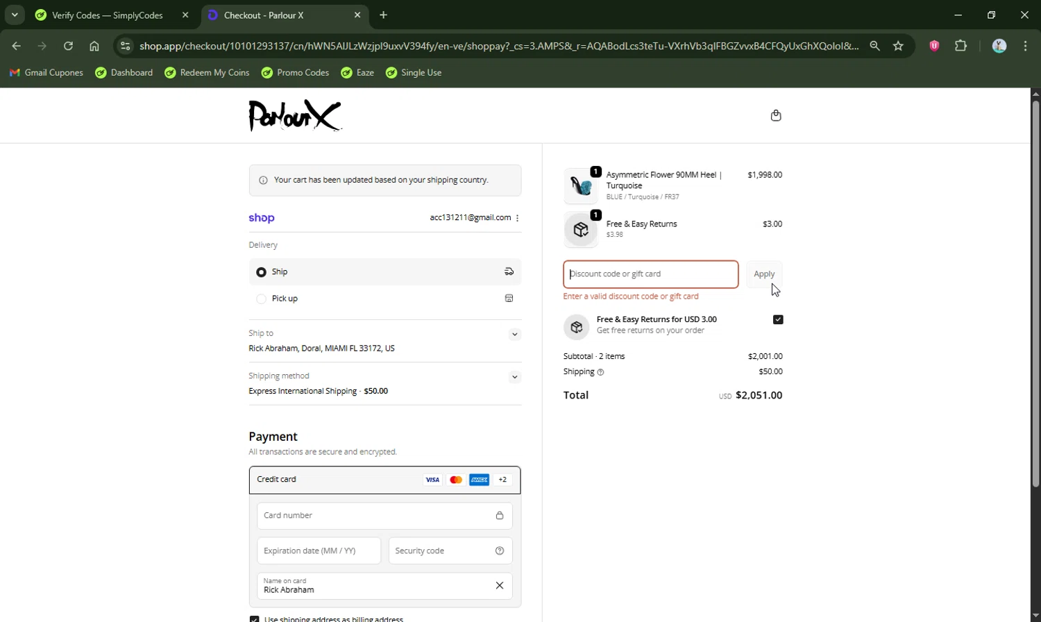 ParlourX promo code screenshot showing code SIGNUP10 applied at ParlourX checkout page. Uploaded by SimplyCodes community member LHaunter2 on Nov 11, 2025