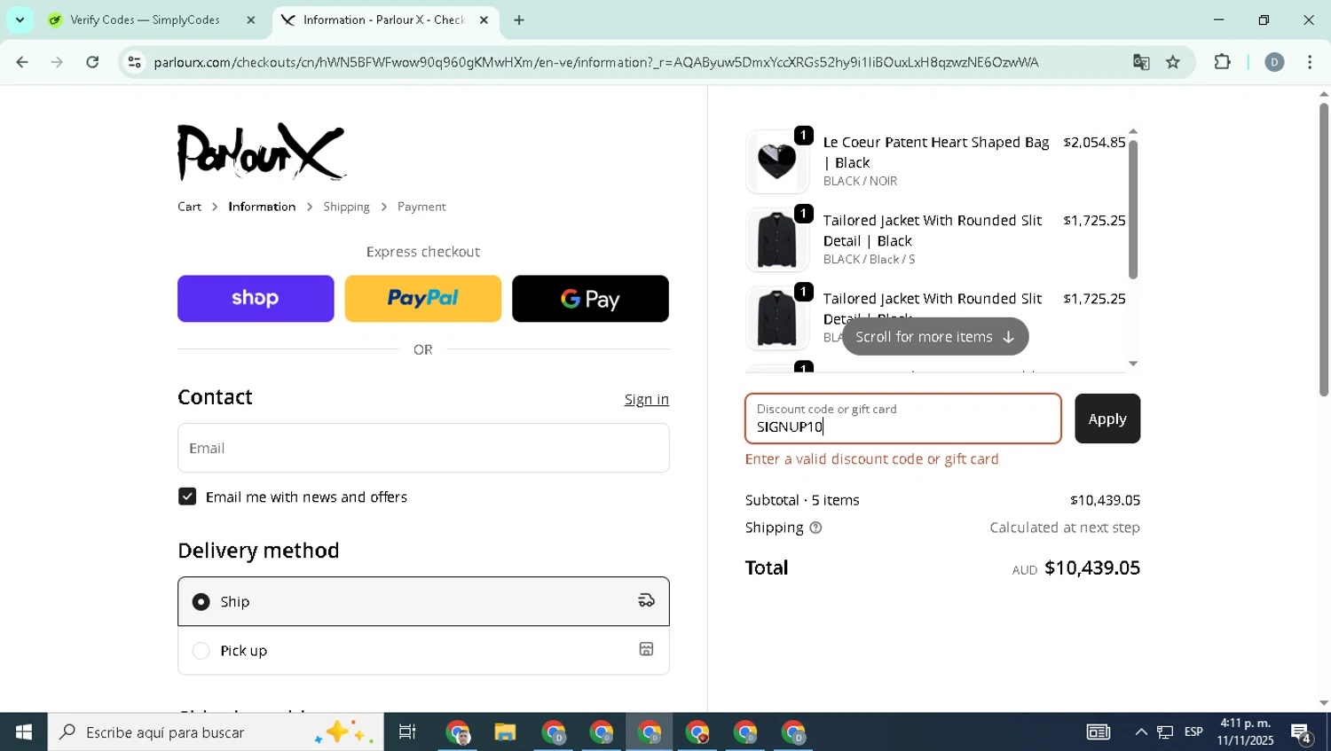 ParlourX promo code screenshot showing code SIGNUP10 applied at ParlourX checkout page. Uploaded by SimplyCodes community member SavingsHero4493 on Nov 11, 2025