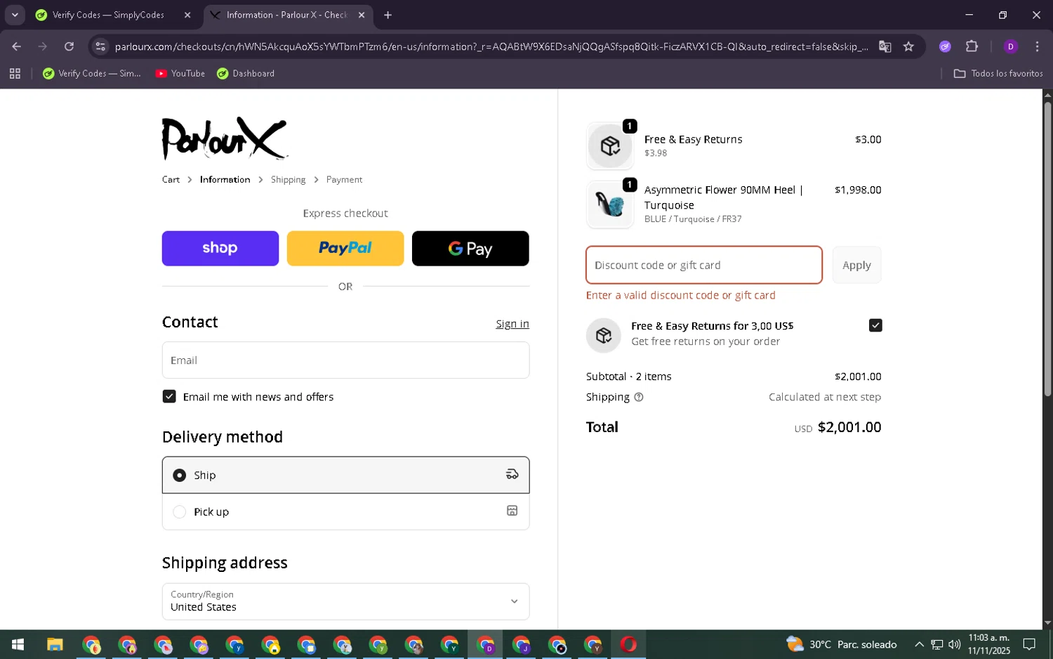 ParlourX promo code screenshot showing code SIGNUP10 applied at ParlourX checkout page. Uploaded by SimplyCodes community member SilverChaser6086 on Nov 11, 2025