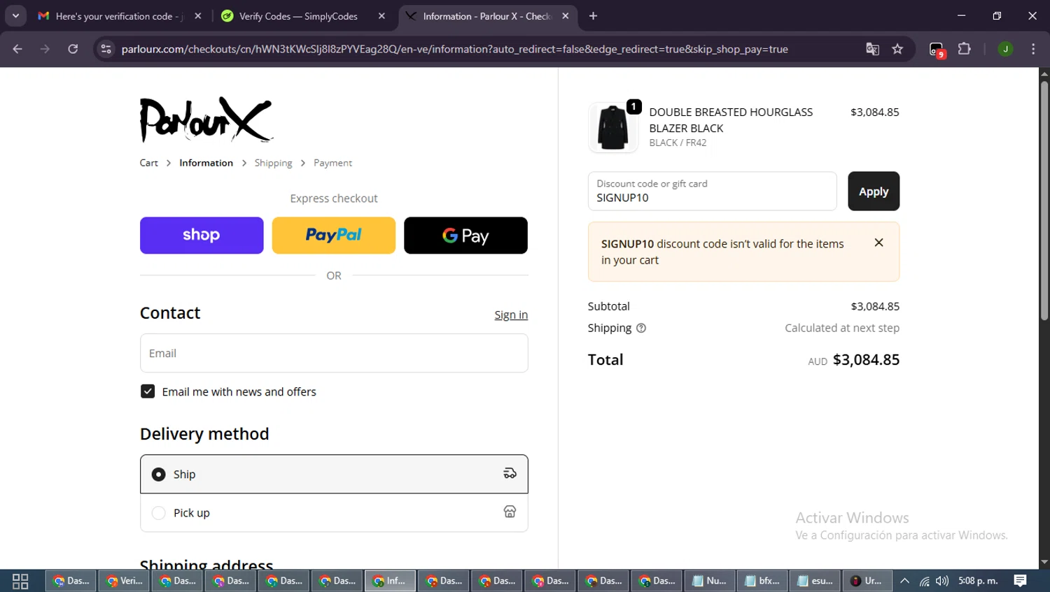 ParlourX checkout page showing ParlourX promo code box | Screenshot taken by SimplyCodes community member on Oct 8, 2025