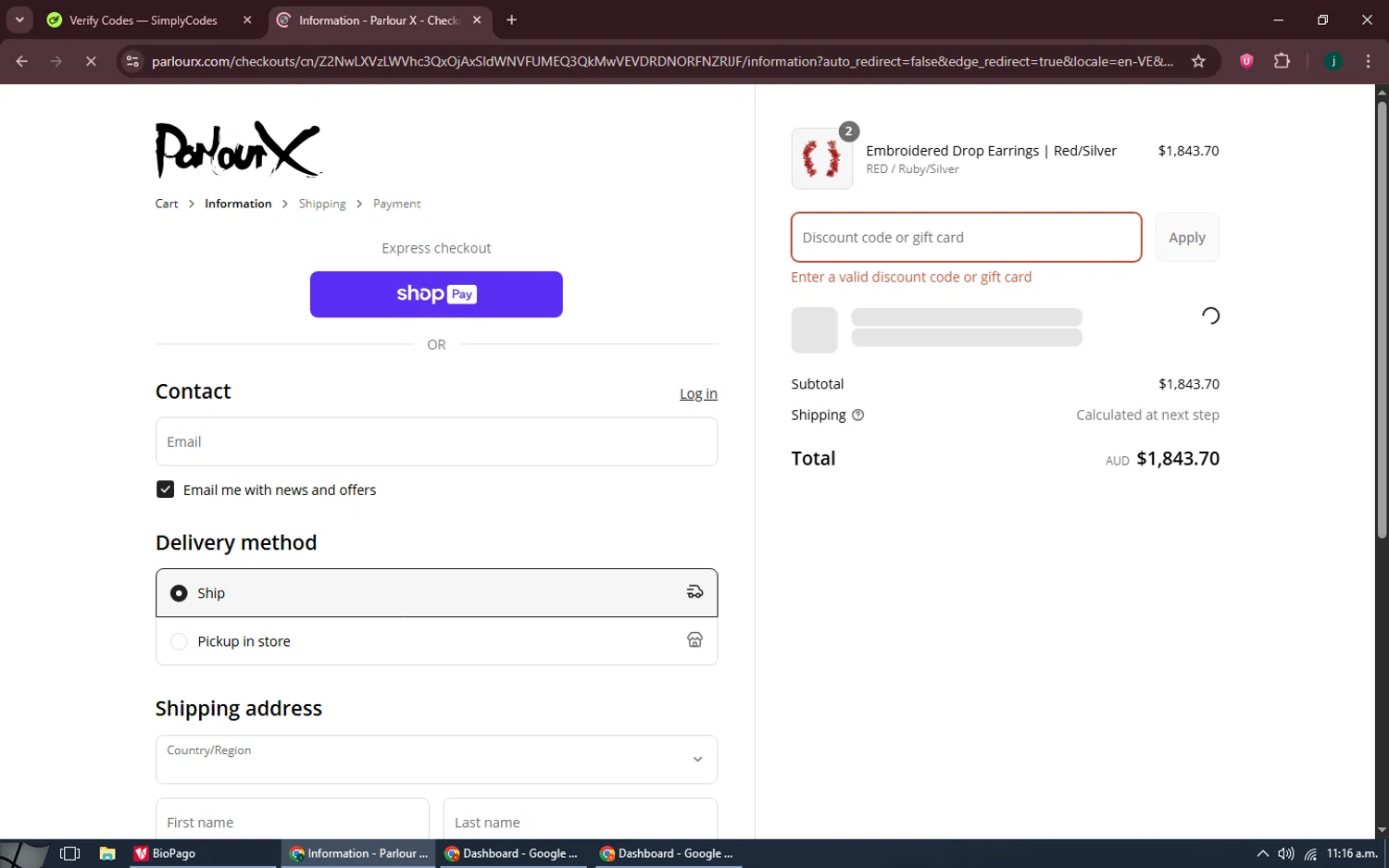 ParlourX promo code screenshot showing code JEWELLERY10 applied at ParlourX checkout page. Uploaded by SimplyCodes community member MoneySpotter5416 on Jun 3, 2025
