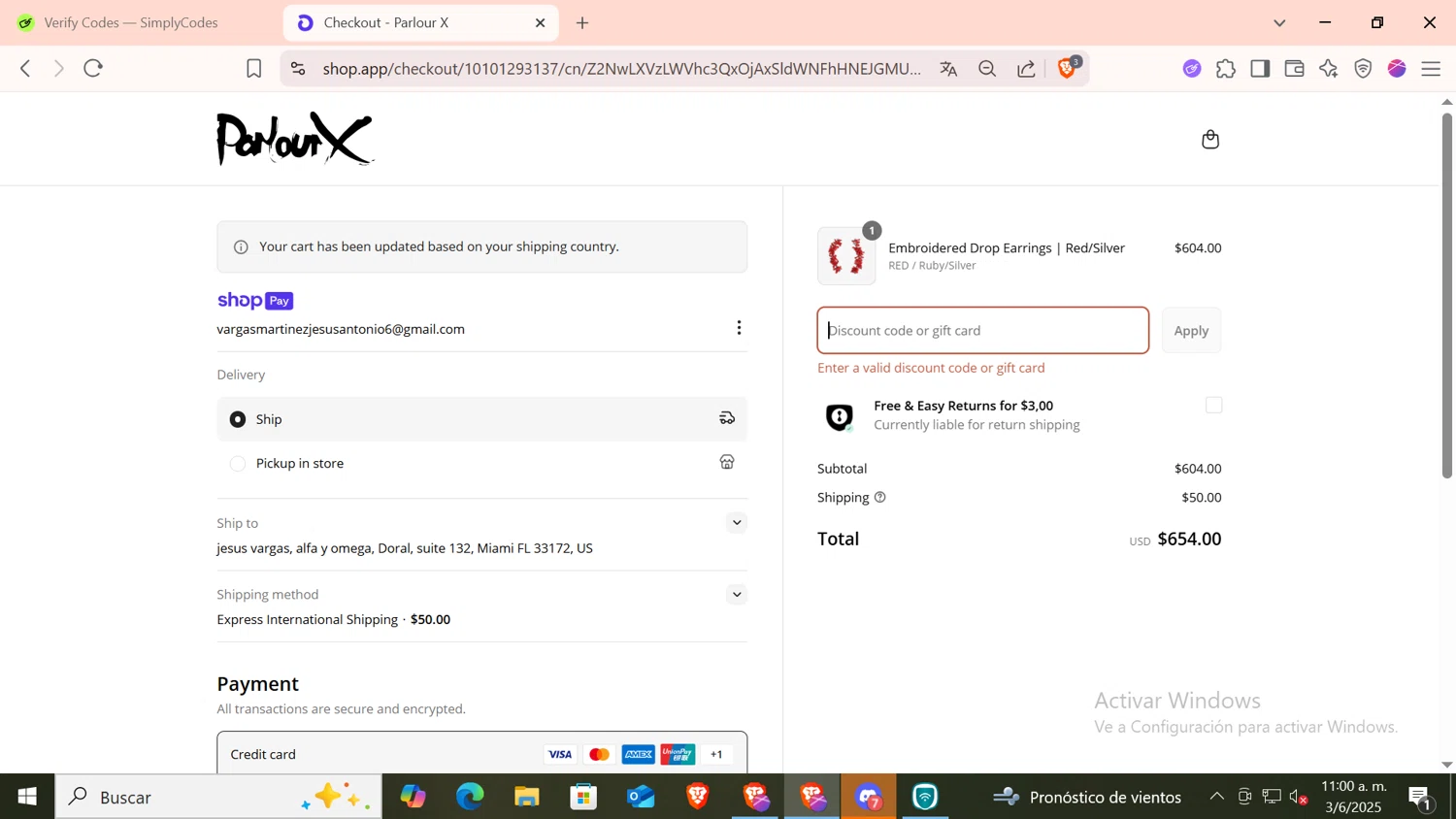 ParlourX promo code screenshot showing code JEWELLERY10 applied at ParlourX checkout page. Uploaded by SimplyCodes community member CODMOBILE1 on Jun 3, 2025