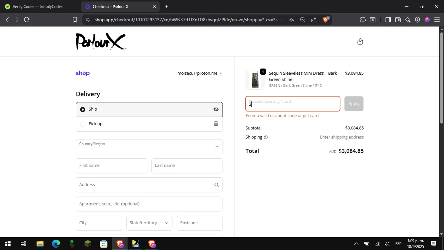 ParlourX promo code screenshot showing code 10AC2VTTPZW9 applied at ParlourX checkout page. Uploaded by SimplyCodes community member Pitochu on Sep 18, 2025