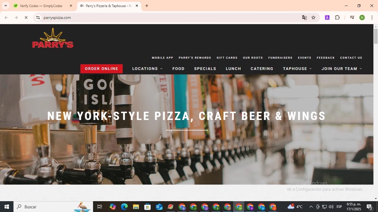 Parry's Pizza coupon code screenshot showing code PUMPKINBITES applied at Parry's Pizza checkout page. Uploaded by SimplyCodes community member TokenMaverick6956 on Jan 18, 2025