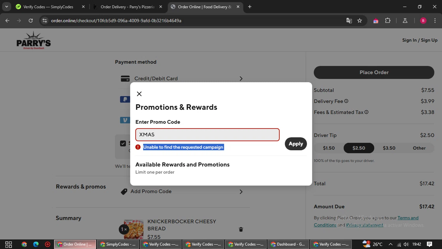 Parry's Pizza coupon code screenshot showing code XMAS applied at Parry's Pizza checkout page. Uploaded by SimplyCodes community member SwiftSage1747 on Mar 19, 2025