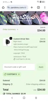 CUSTOM15 coupon verification screenshot