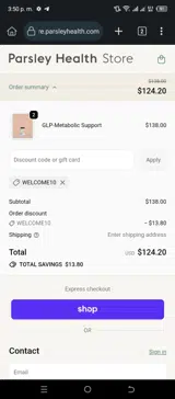 WELCOME10 coupon verification screenshot