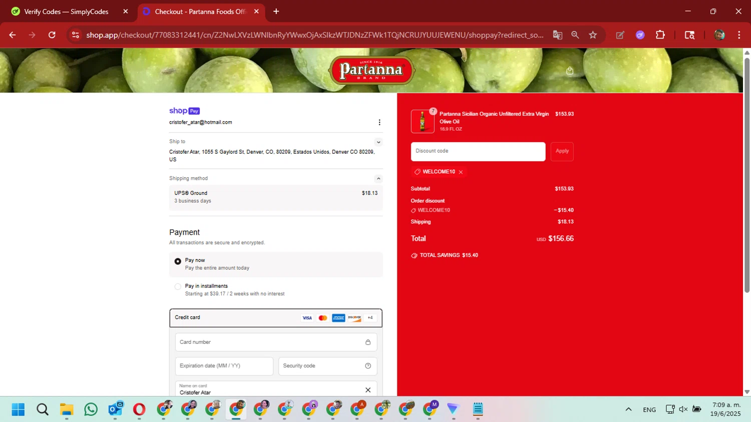 Partanna promo code screenshot showing code WELCOME10 applied at Partanna checkout page. Uploaded by SimplyCodes community member David_Gut_Sonic on Jun 19, 2025