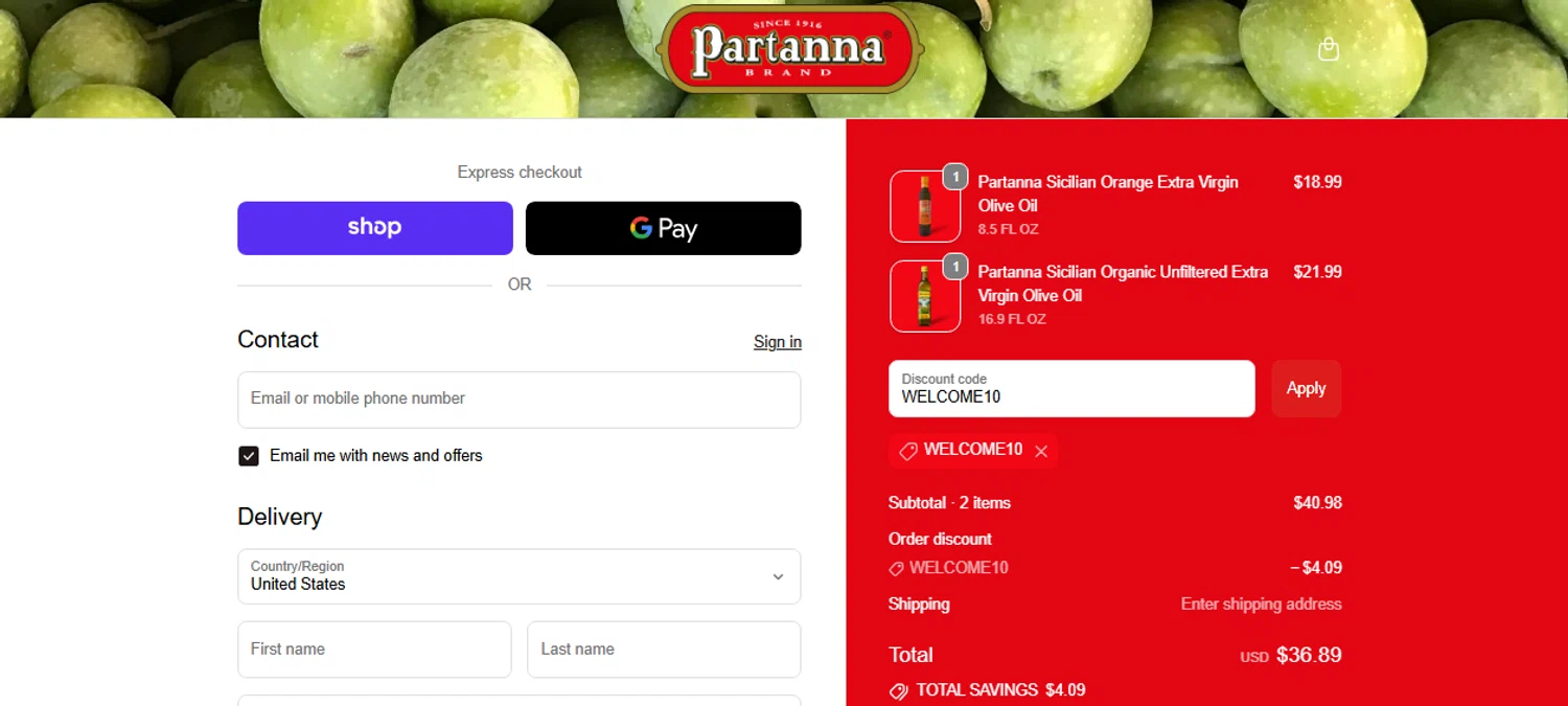Partanna promo code screenshot showing code WELCOME10 applied at Partanna checkout page. Uploaded by SimplyCodes community member JesusCaballero on Sep 21, 2025