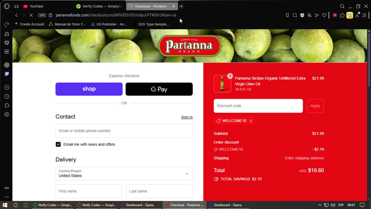 Partanna promo code screenshot showing code WELCOME10 applied at Partanna checkout page. Uploaded by SimplyCodes community member Saoul_ on Sep 17, 2025