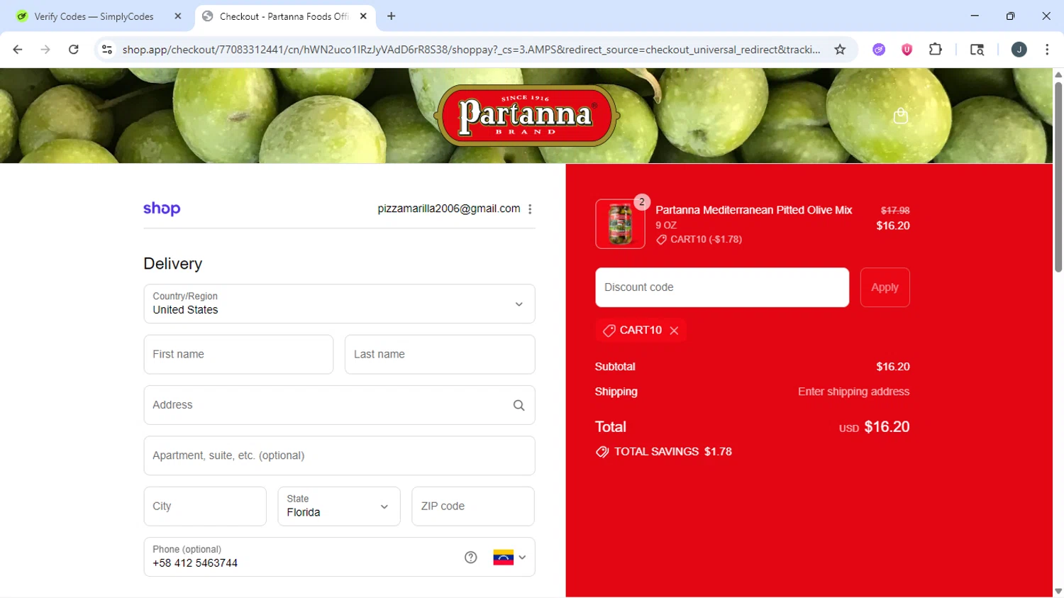 Partanna promo code screenshot showing code CART10 applied at Partanna checkout page. Uploaded by SimplyCodes community member AVATIGRITO on Sep 13, 2025
