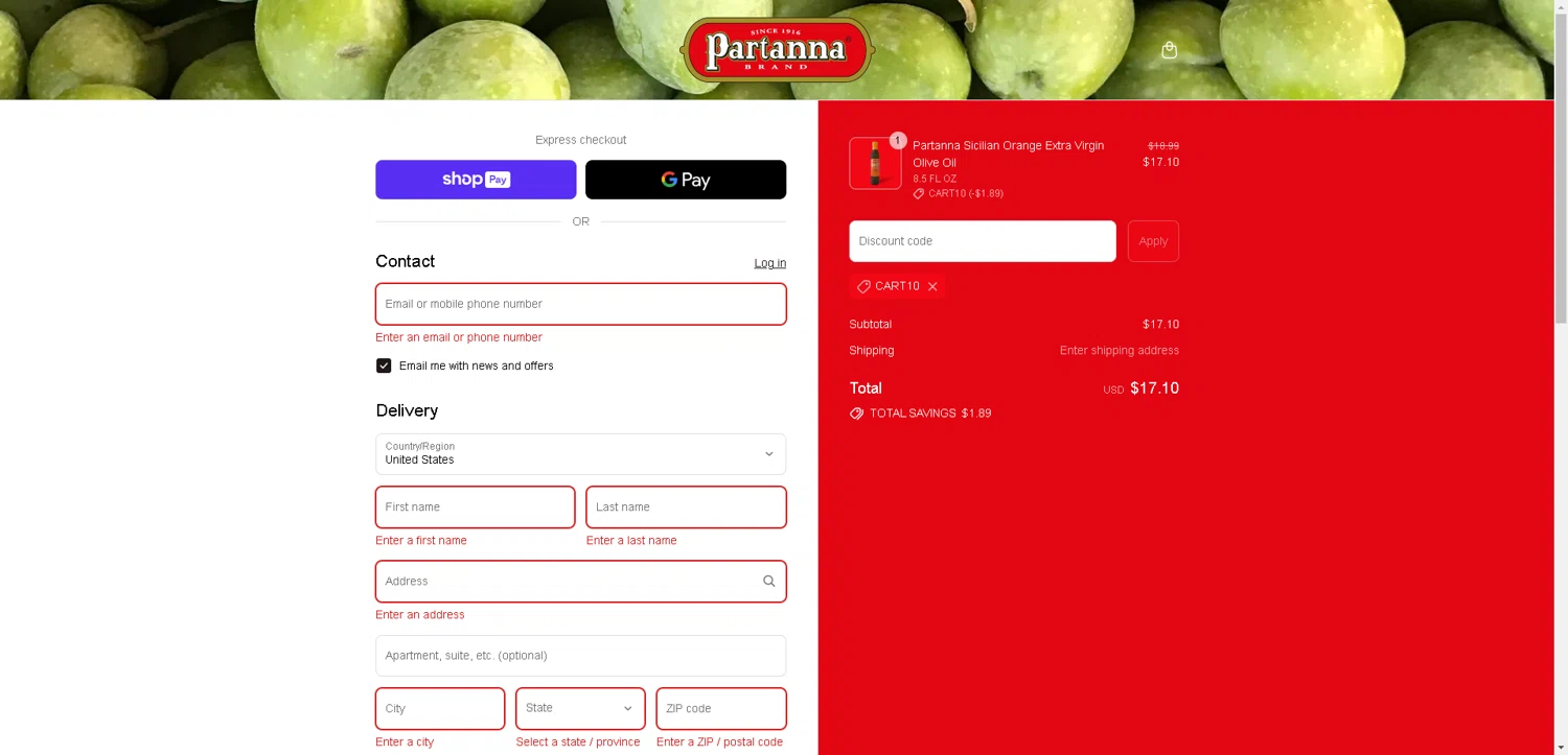 Partanna promo code screenshot showing code CART10 applied at Partanna checkout page. Uploaded by SimplyCodes community member DealHunter6996 on Aug 6, 2025