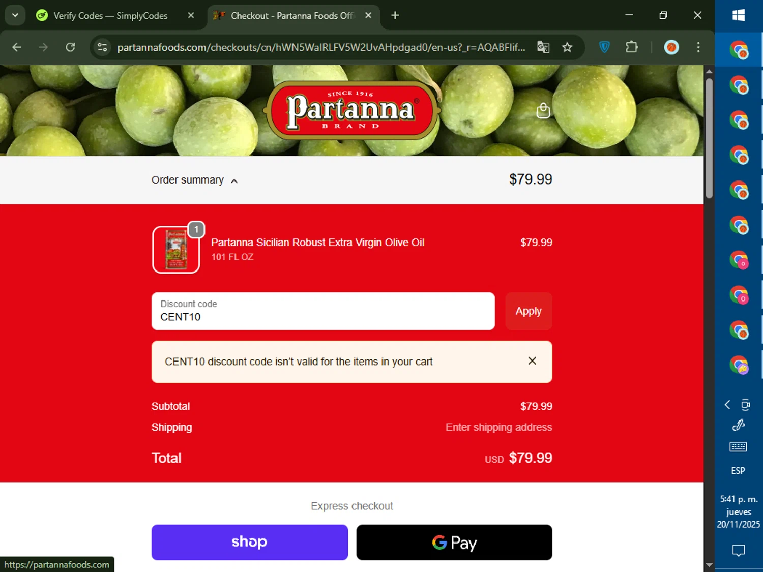 Partanna promo code screenshot showing code CENT10 applied at Partanna checkout page. Uploaded by SimplyCodes community member CashMaverick8128 on Nov 20, 2025