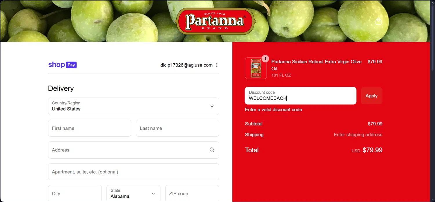 Partanna promo code screenshot showing code WELCOMEBACK applied at Partanna checkout page. Uploaded by SimplyCodes community member ThriftyBoss8495 on Aug 28, 2025