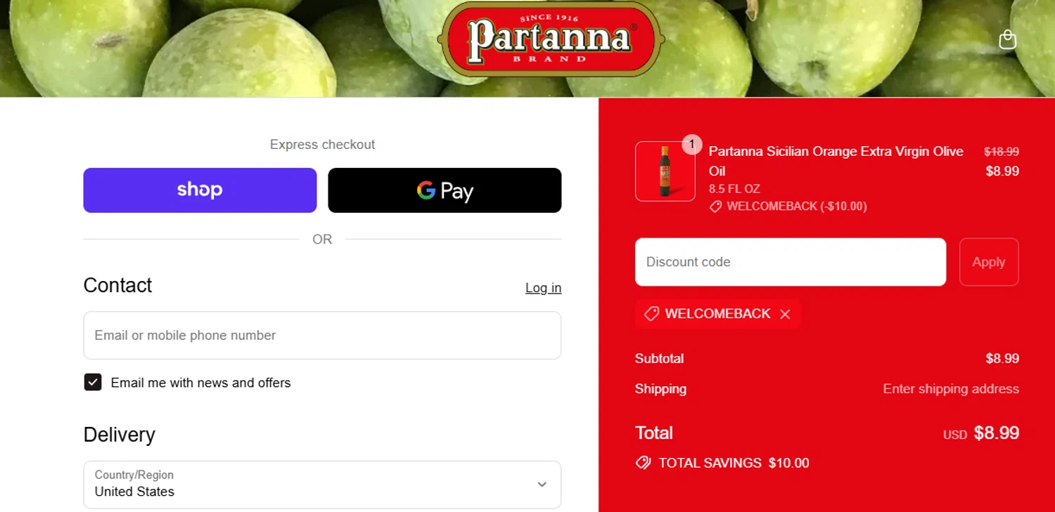 Partanna promo code screenshot showing code WELCOMEBACK applied at Partanna checkout page. Uploaded by SimplyCodes community member jesspea on Sep 1, 2025