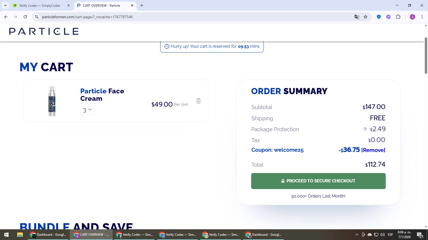 Particle For Men discount code screenshot showing code WELCOME25 applied at Particle For Men checkout page. Uploaded by SimplyCodes community member Son_Goku on Jan 7, 2026