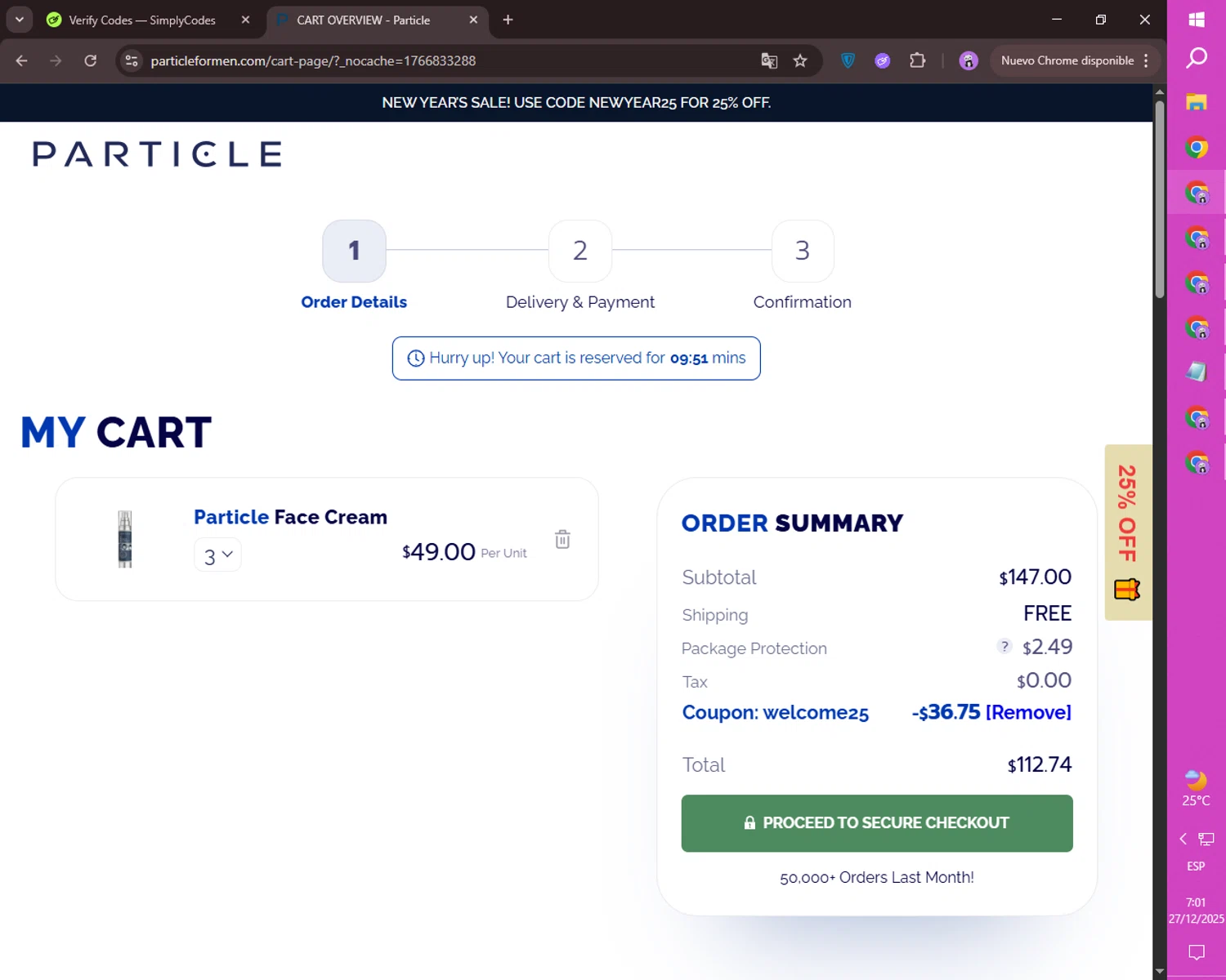 Particle For Men discount code screenshot showing code WELCOME25 applied at Particle For Men checkout page. Uploaded by SimplyCodes community member ositouno on Dec 27, 2025