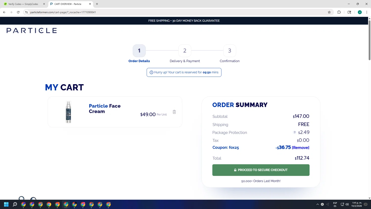 Particle For Men checkout page showing Particle For Men discount code box | Screenshot taken by SimplyCodes community member on Feb 14, 2026