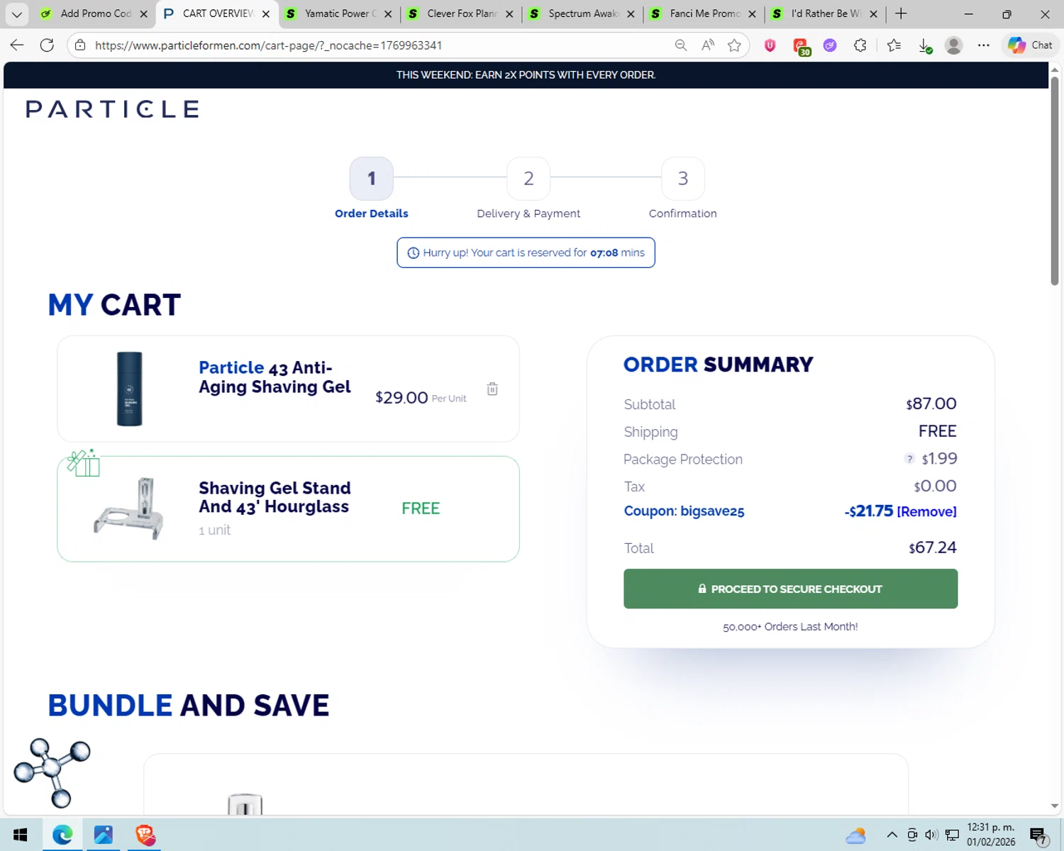 Particle For Men discount code screenshot showing code BIGSAVE25 applied at Particle For Men checkout page. Uploaded by SimplyCodes community member hanzell03 on Feb 1, 2026