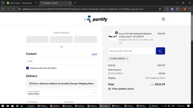 Partify checkout page showing Partify discount code box | Screenshot taken by SimplyCodes community member on Aug 28, 2025
