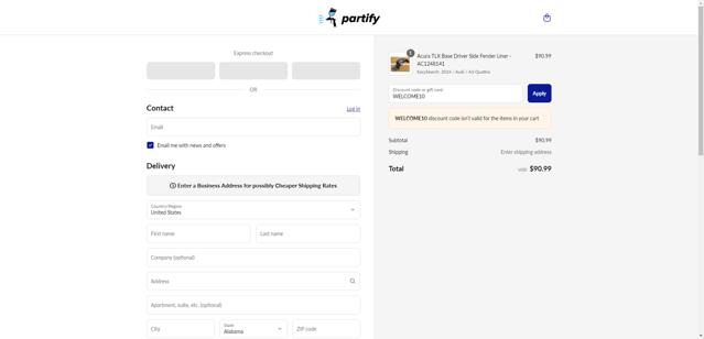 Partify checkout page showing Partify discount code box | Screenshot taken by SimplyCodes community member on Jun 19, 2025