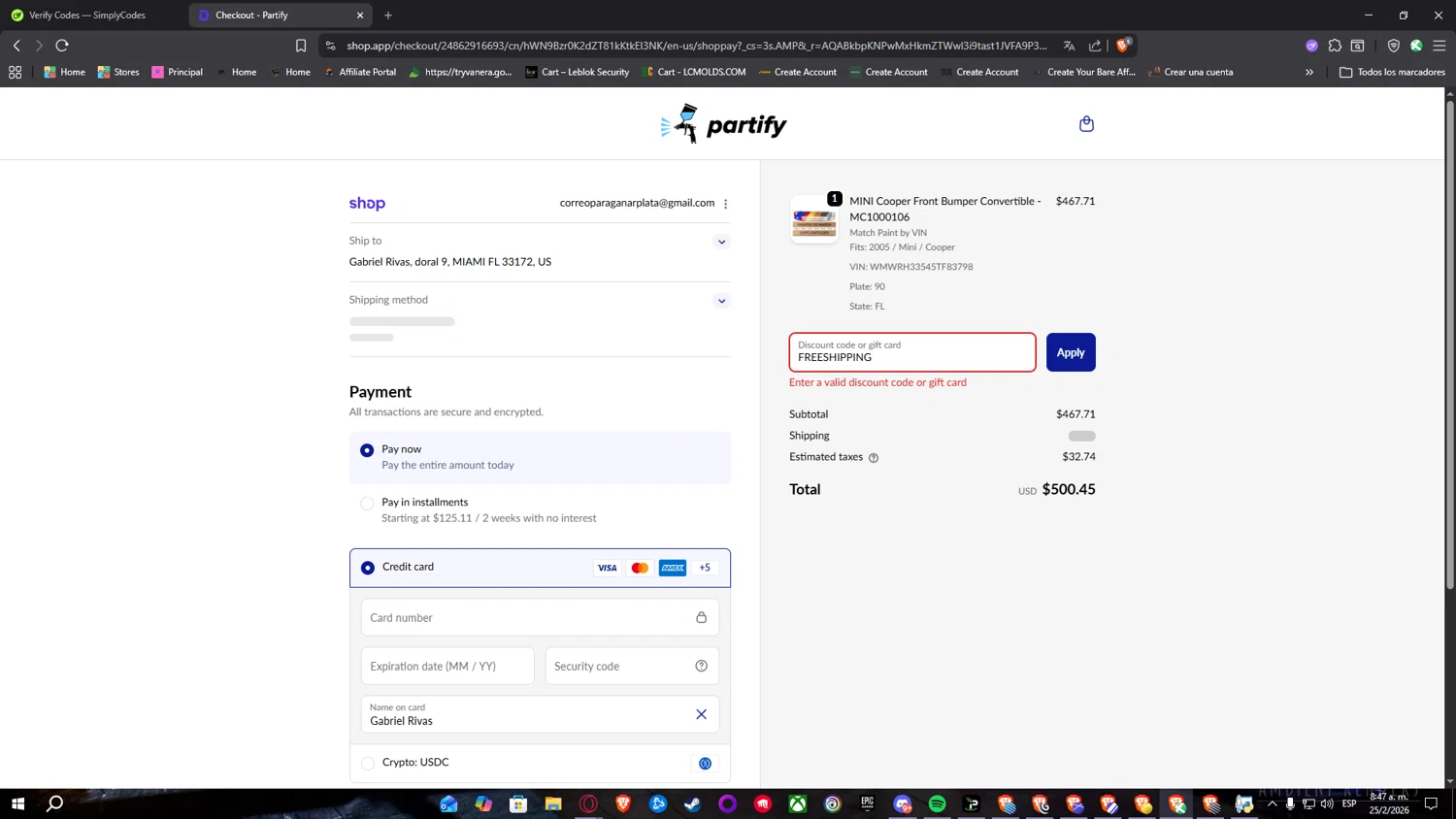Partify promo code screenshot showing code FREESHIPPING applied at Partify checkout page. Uploaded by SimplyCodes community member SimplyNerd on Feb 25, 2026