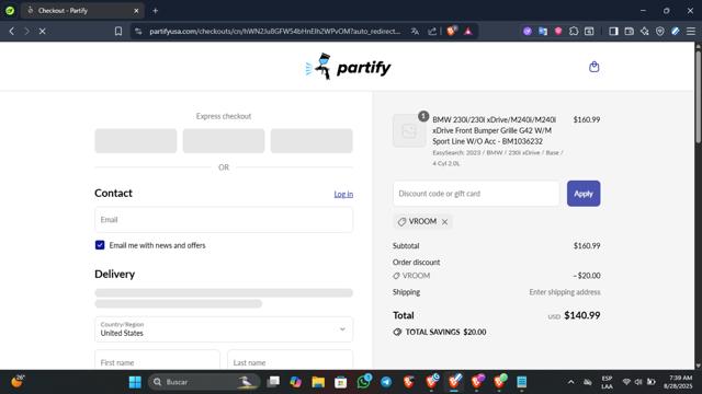 Partify checkout page showing Partify discount code box | Screenshot taken by SimplyCodes community member on Aug 28, 2025