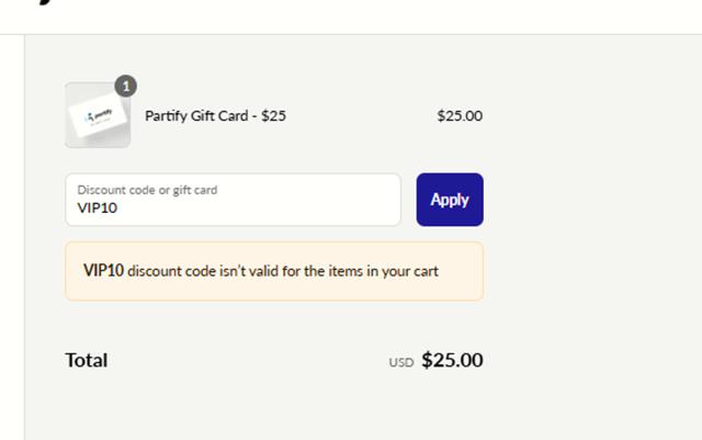 Partify checkout page showing Partify discount code box | Screenshot taken by SimplyCodes community member on Aug 19, 2025