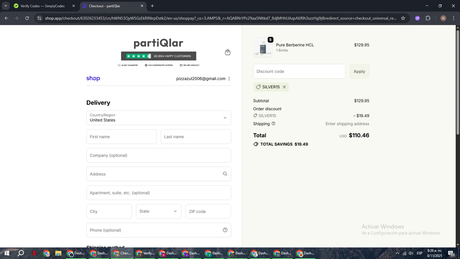 partiQlar coupon code screenshot showing code Silver15 applied at partiQlar checkout page. Uploaded by SimplyCodes community member DiscountPioneer2554 on Nov 8, 2025