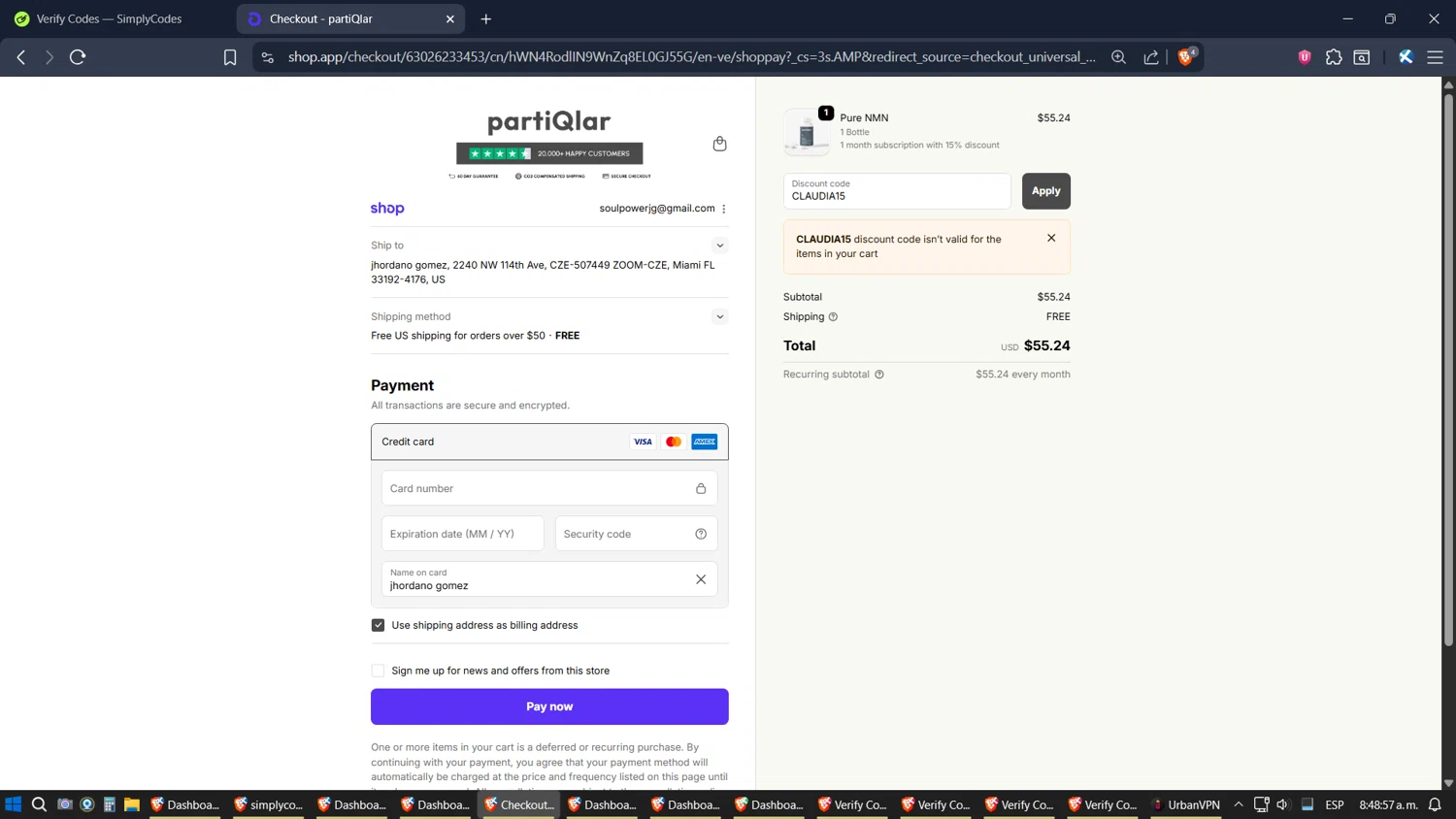partiQlar coupon code screenshot showing code CLAUDIA15 applied at partiQlar checkout page. Uploaded by SimplyCodes community member SoulPower on Oct 23, 2025