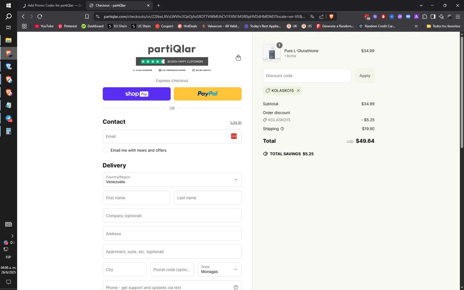 partiQlar coupon code screenshot showing code KOLASKO15 applied at partiQlar checkout page. Uploaded by SimplyCodes community member ilarrazaM1 on Jun 26, 2025