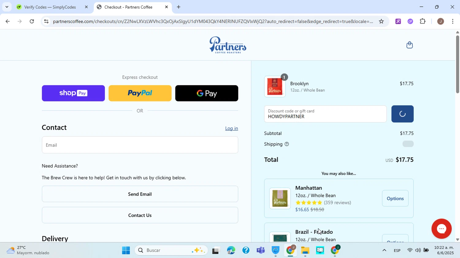 Partners Coffee discount code screenshot showing code HOWDYPARTNER applied at Partners Coffee checkout page. Uploaded by SimplyCodes community member ABHF23 on Jun 6, 2025