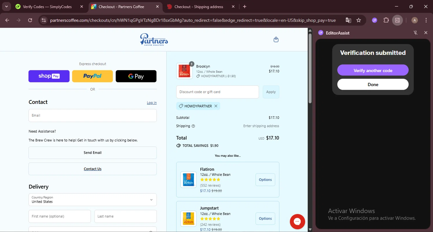 Partners Coffee discount code screenshot showing code HOWDYPARTNER applied at Partners Coffee checkout page. Uploaded by SimplyCodes community member GoldRanger7896 on Aug 15, 2025