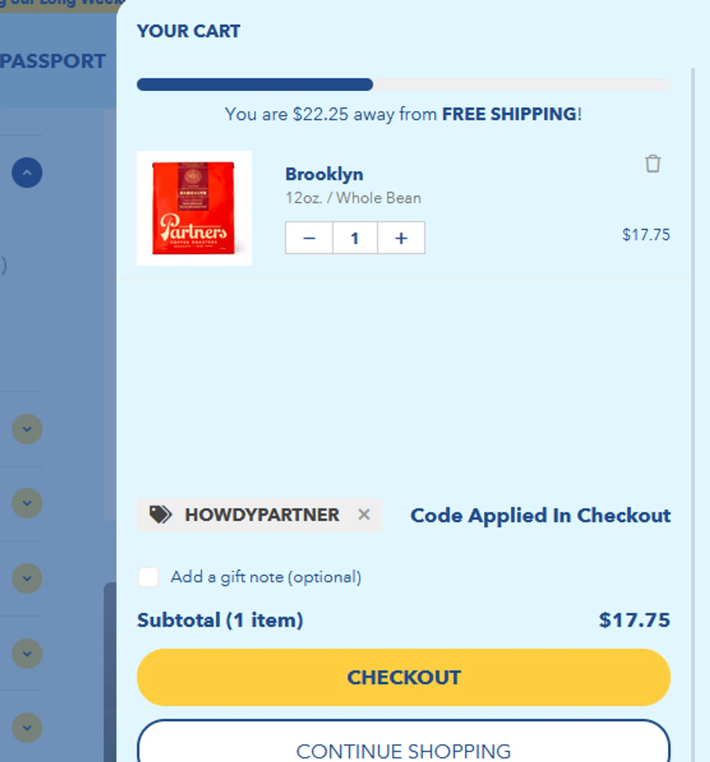 Partners Coffee discount code screenshot showing code HOWDYPARTNER applied at Partners Coffee checkout page. Uploaded by SimplyCodes community member goldhooh on May 23, 2025
