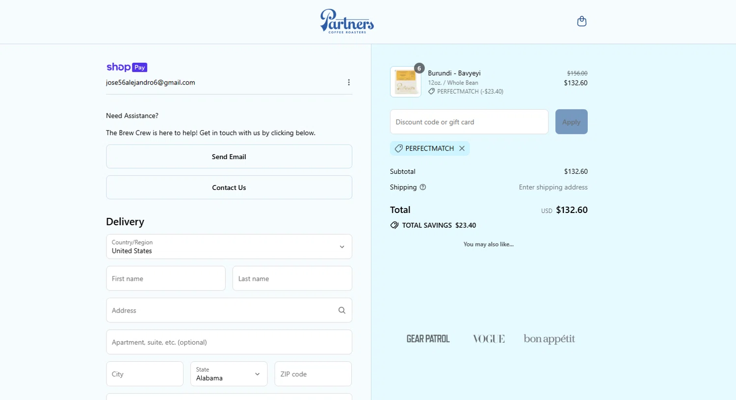 Partners Coffee discount code screenshot showing code perfectmatch applied at Partners Coffee checkout page. Uploaded by SimplyCodes community member Kmacho on Jul 13, 2025
