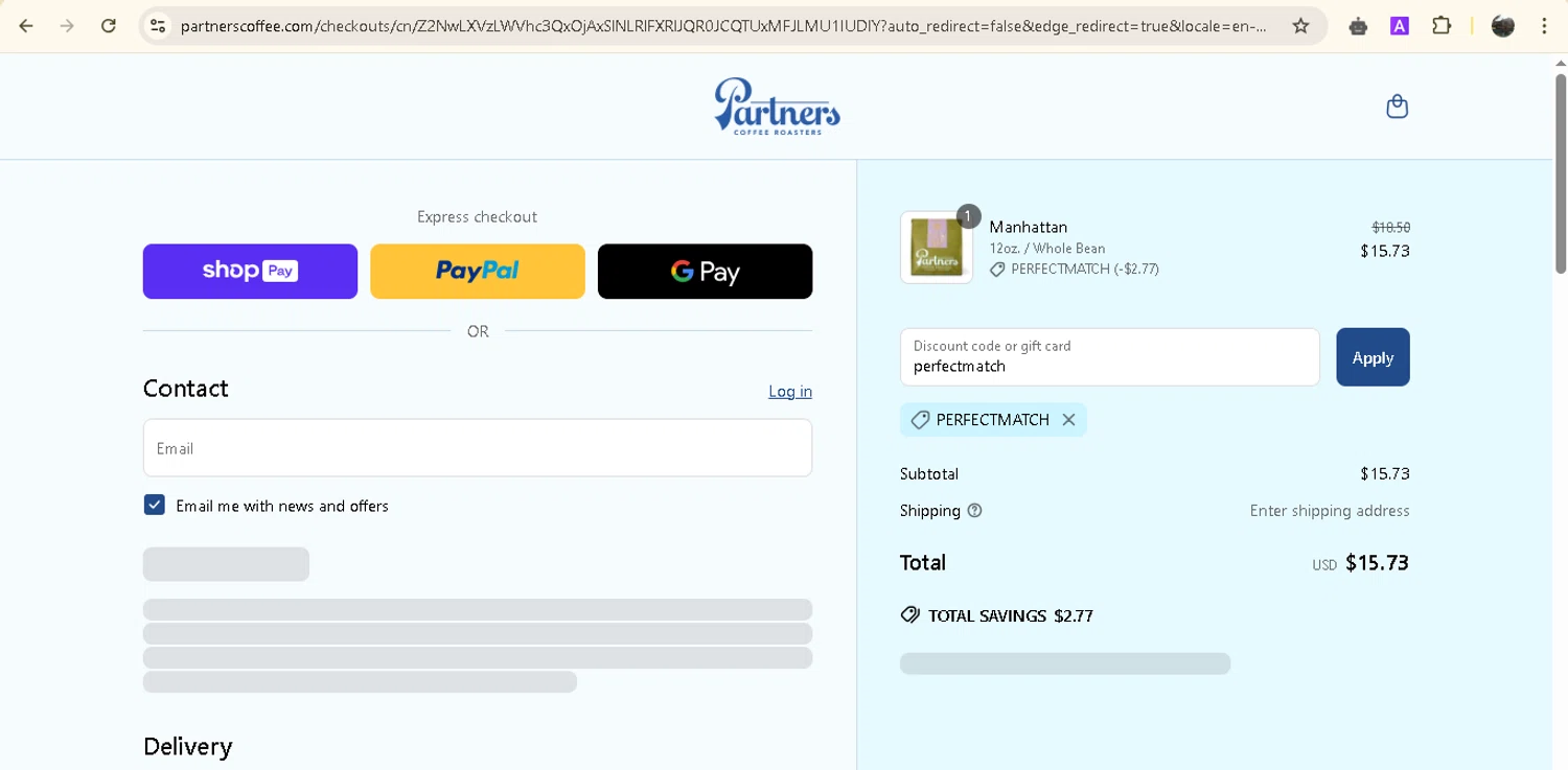 Partners Coffee discount code screenshot showing code perfectmatch applied at Partners Coffee checkout page. Uploaded by SimplyCodes community member onebullet on Apr 24, 2025