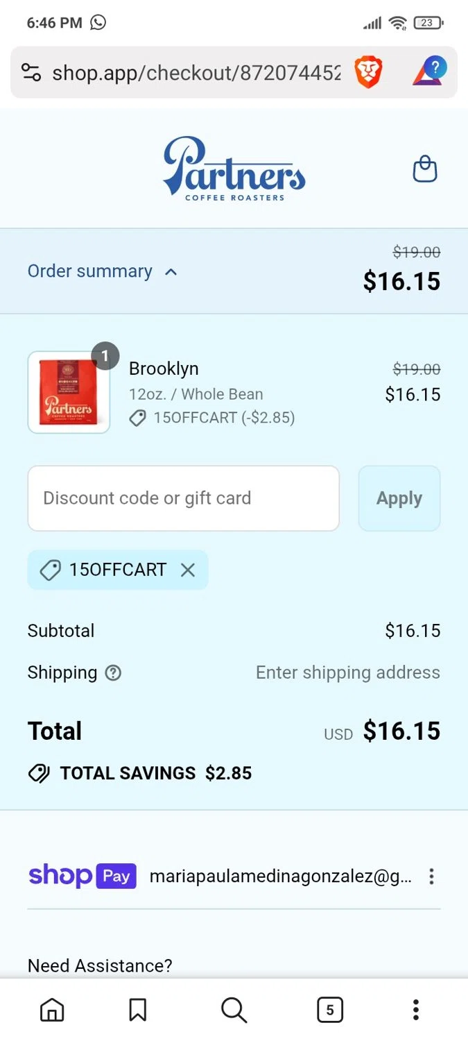 Partners Coffee discount code screenshot showing code 15offcart applied at Partners Coffee checkout page. Uploaded by SimplyCodes community member Yarialmys2020 on Aug 11, 2025