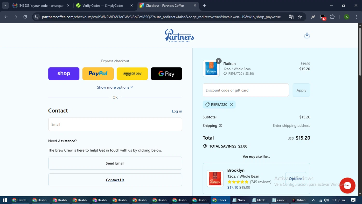 Partners Coffee discount code screenshot showing code REPEAT20 applied at Partners Coffee checkout page. Uploaded by SimplyCodes community member CashLynx5338 on Sep 2, 2025
