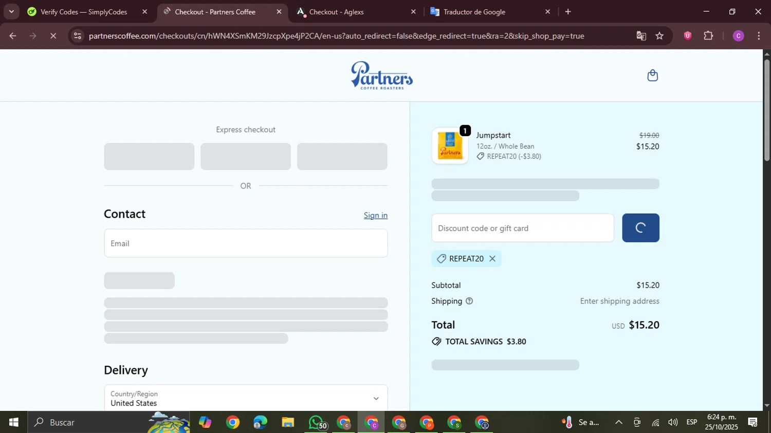 Partners Coffee discount code screenshot showing code REPEAT20 applied at Partners Coffee checkout page. Uploaded by SimplyCodes community member FrugalPro5078 on Oct 25, 2025