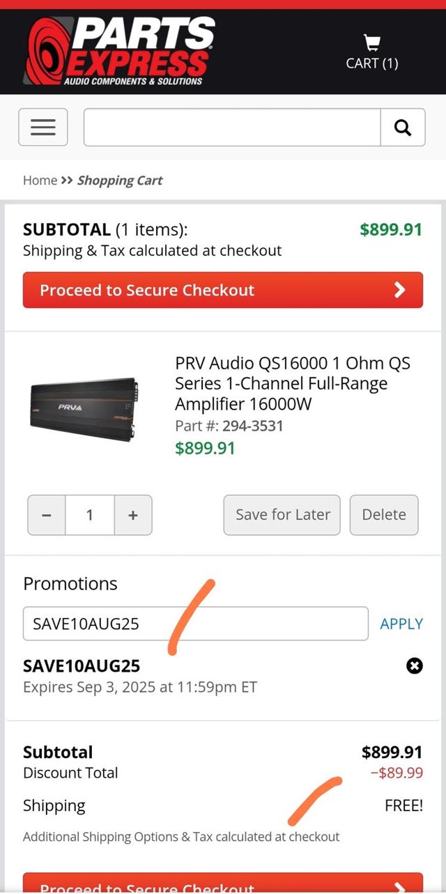 Parts-Express checkout page showing Parts-Express promo code box | Screenshot taken by SimplyCodes community member on Aug 27, 2025