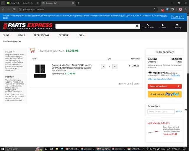 Parts-Express checkout page showing Parts-Express promo code box | Screenshot taken by SimplyCodes community member on Sep 5, 2025