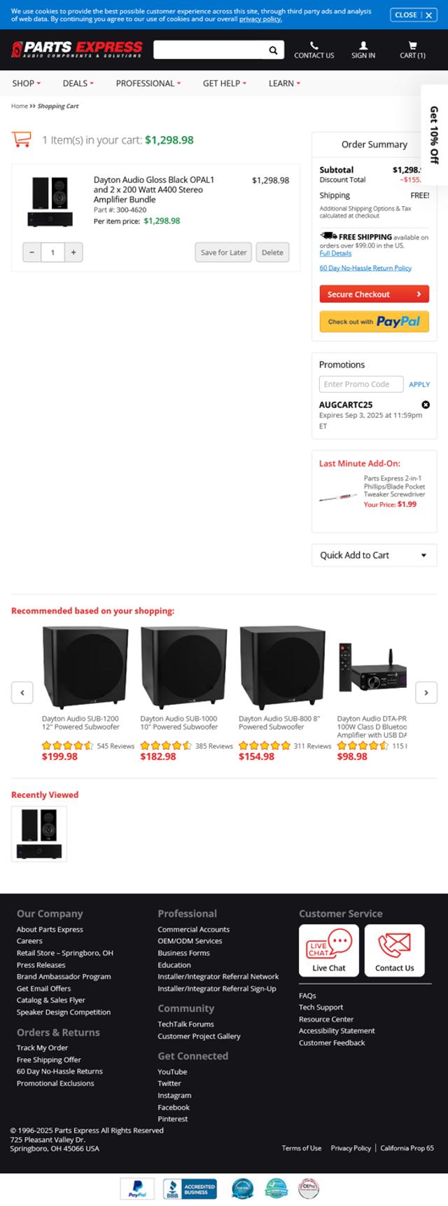 Parts-Express checkout page showing Parts-Express promo code box | Screenshot taken by SimplyCodes community member on Sep 3, 2025