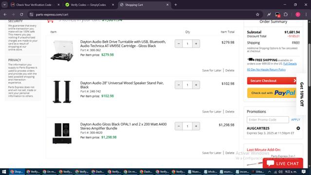 Parts-Express checkout page showing Parts-Express promo code box | Screenshot taken by SimplyCodes community member on Aug 28, 2025