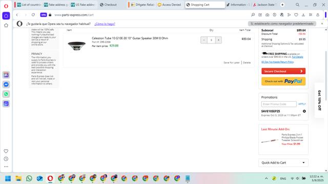 Parts-Express checkout page showing Parts-Express promo code box | Screenshot taken by SimplyCodes community member on Sep 5, 2025