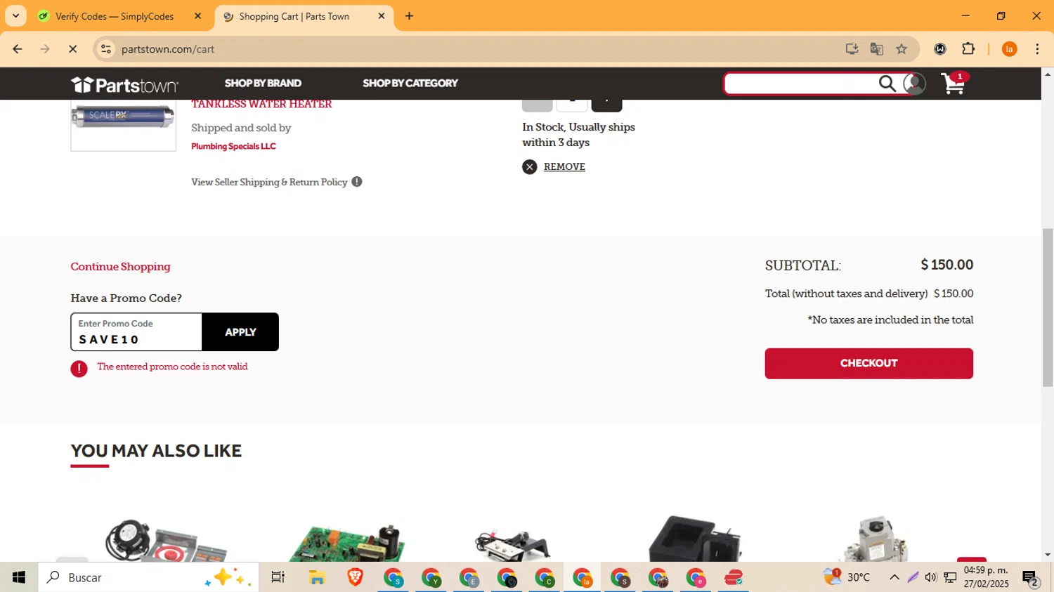 Parts Town promo code screenshot showing code SAVE10 applied at Parts Town checkout page. Uploaded by SimplyCodes community member LegendaryFox4384 on Feb 27, 2025